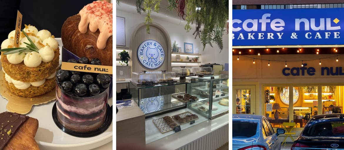 A collage of CAFE NUL pastries, its bakery counter, and its Sargent Avenue storefront
