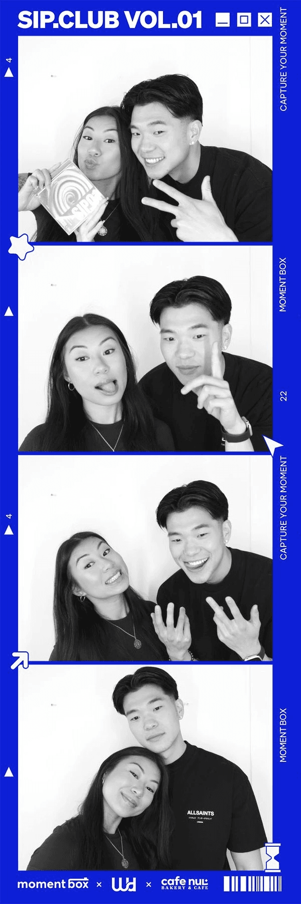Guest photos inside a blue custom SIP.CLUB print frame